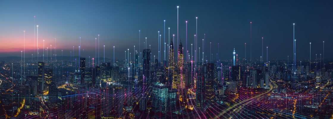 Smart city and abstract dot point connect with gradient line and aesthetic Intricate wave line design , big data connection technology concept .